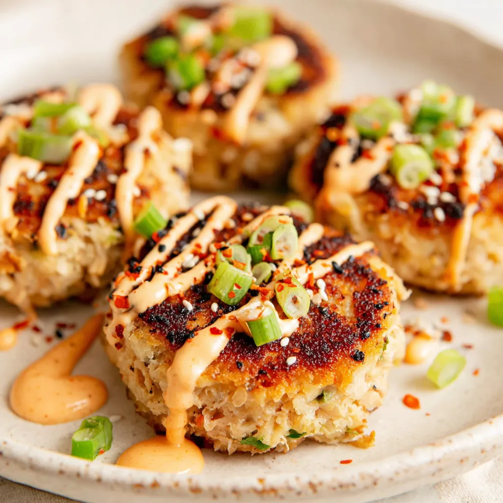 A plate of tuna cakes with spicy mayo.