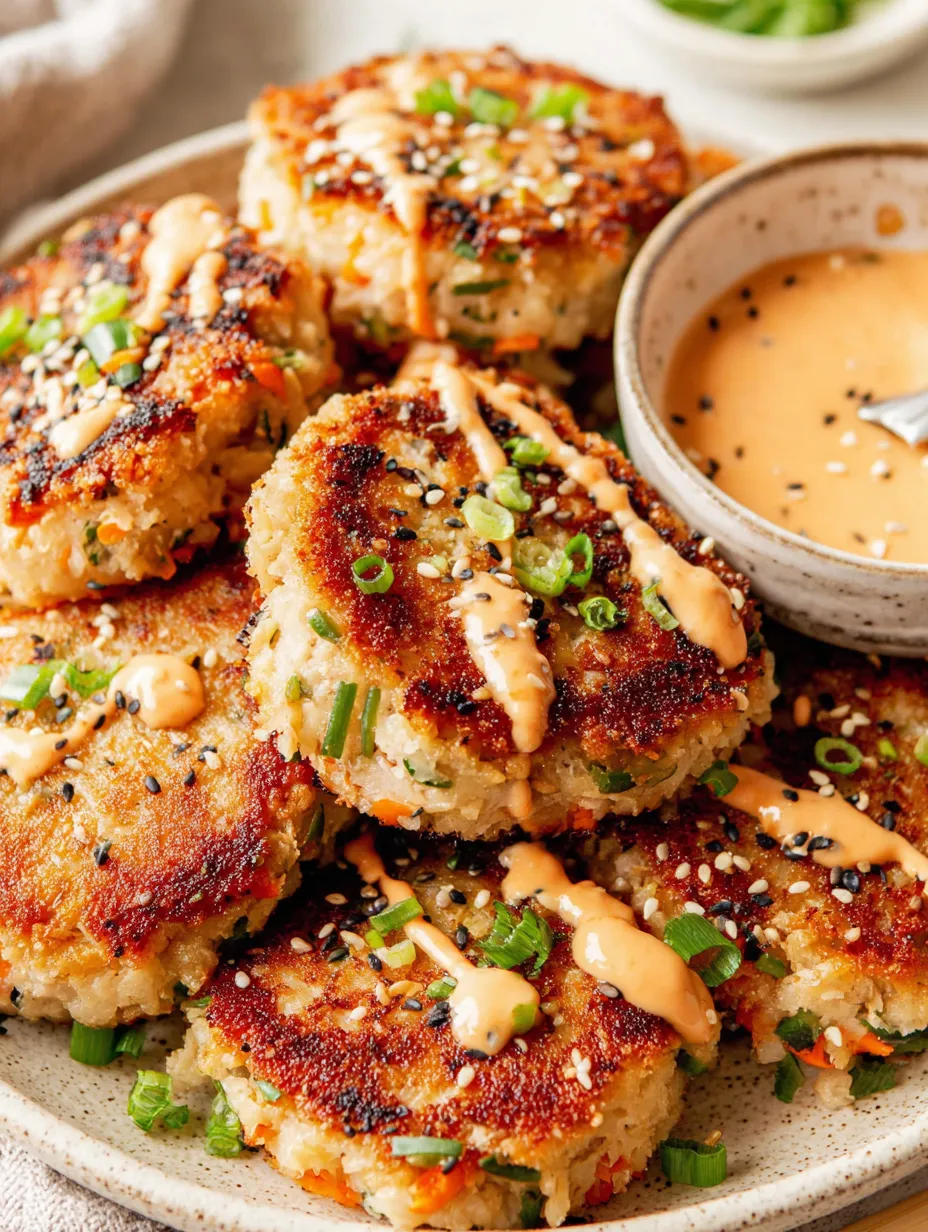 A plate of tuna cakes with spicy mayo.