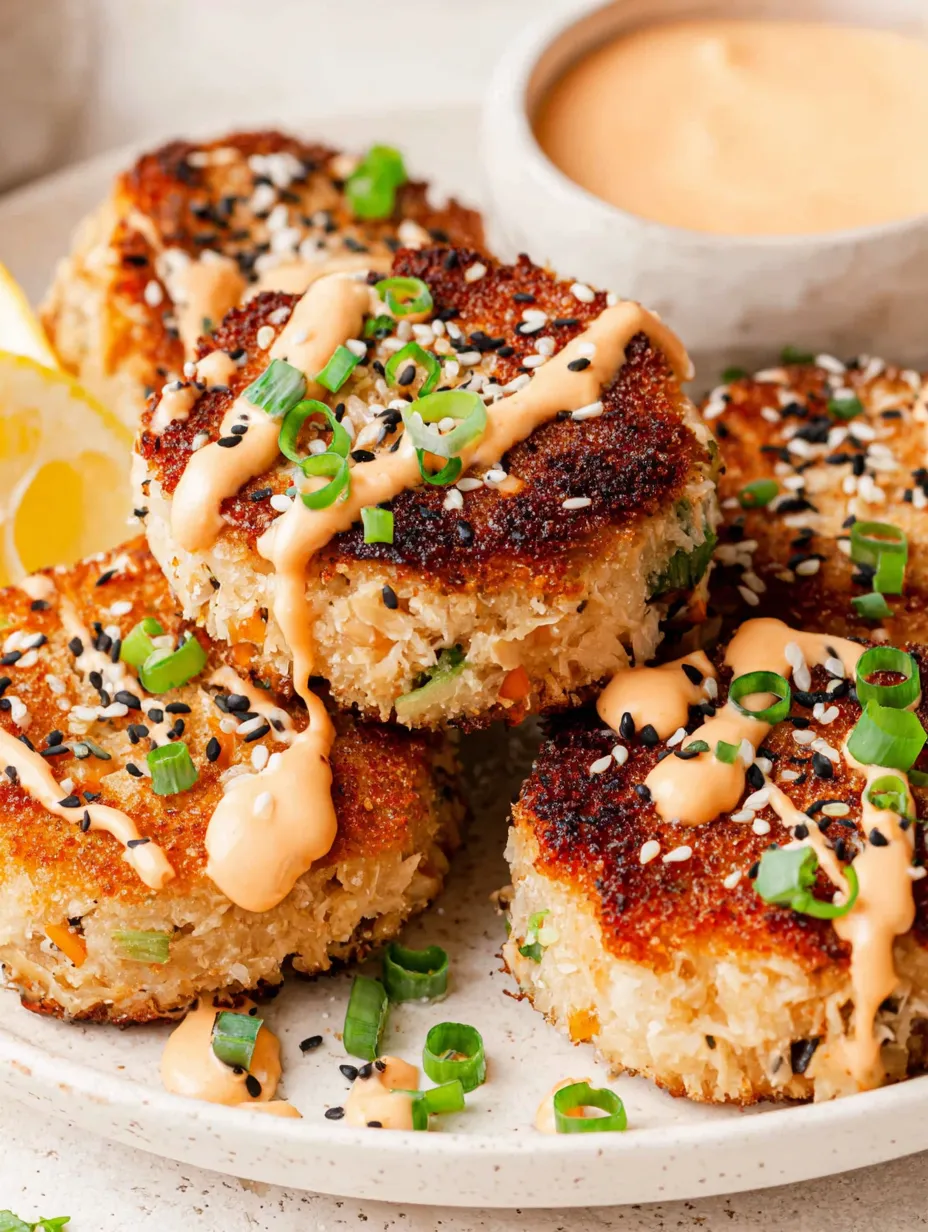 A plate of tuna cakes with spicy mayo.
