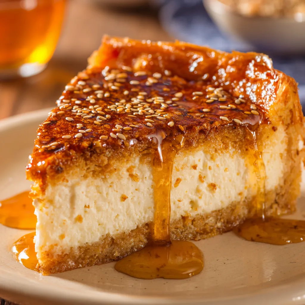 A slice of golden Greek honey pie.
