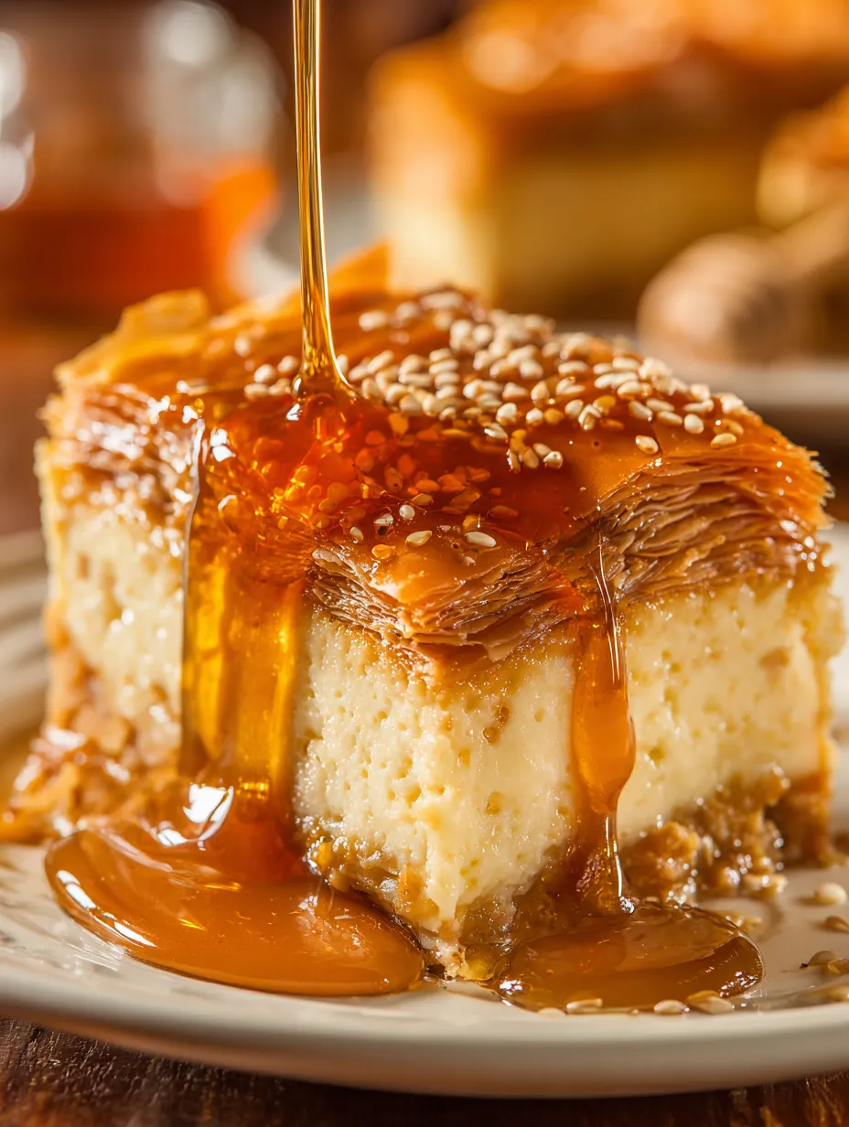 A slice of golden Greek honey pie.