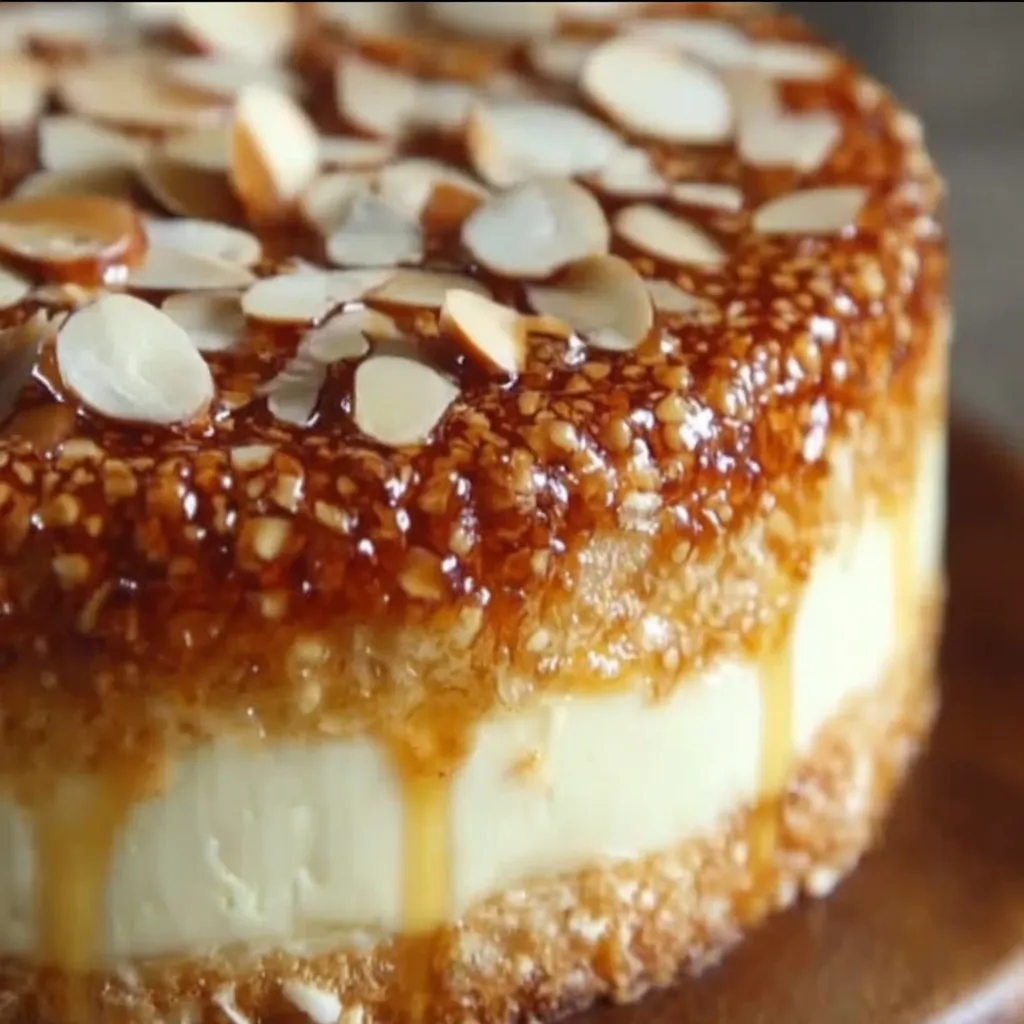 A slice of a cake with almonds and honey on top.