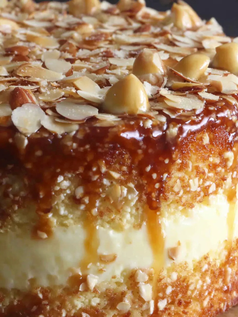A slice of a cake with almonds and honey on top.