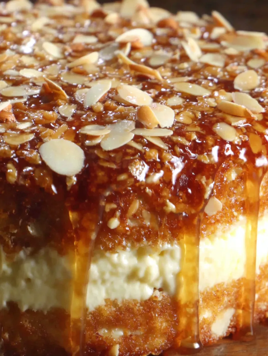 A slice of a cake with honey drizzled on top.