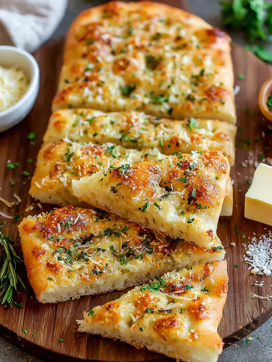 Slices of garlic Parmesan bread on a wooden cutting board.