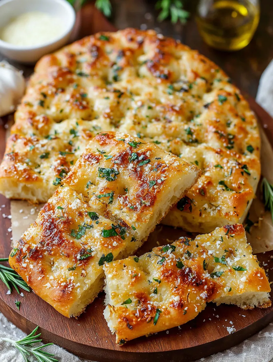 A close up of a garlic and Parmesan bread.