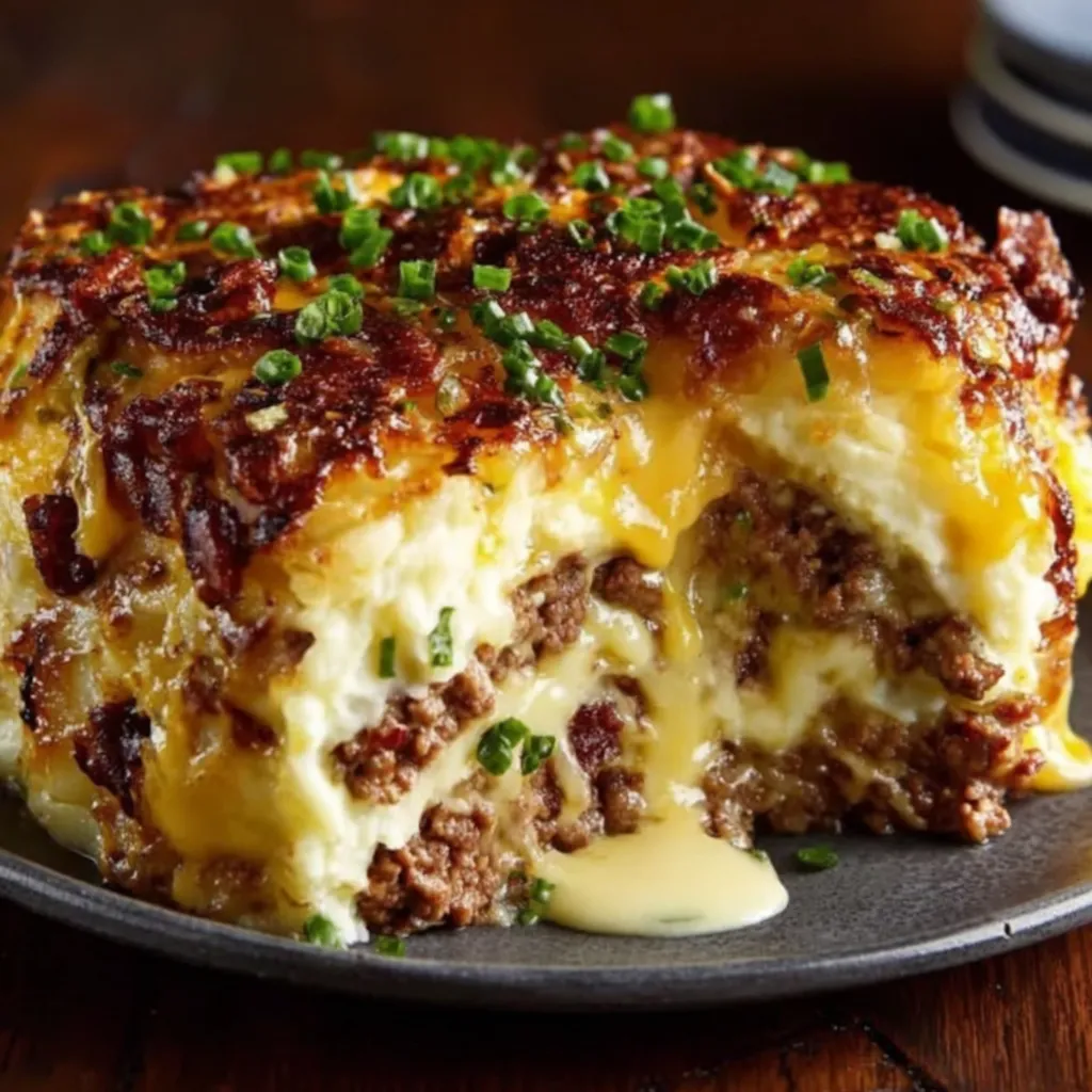 A loaded potato and meatloaf casserole on a plate.