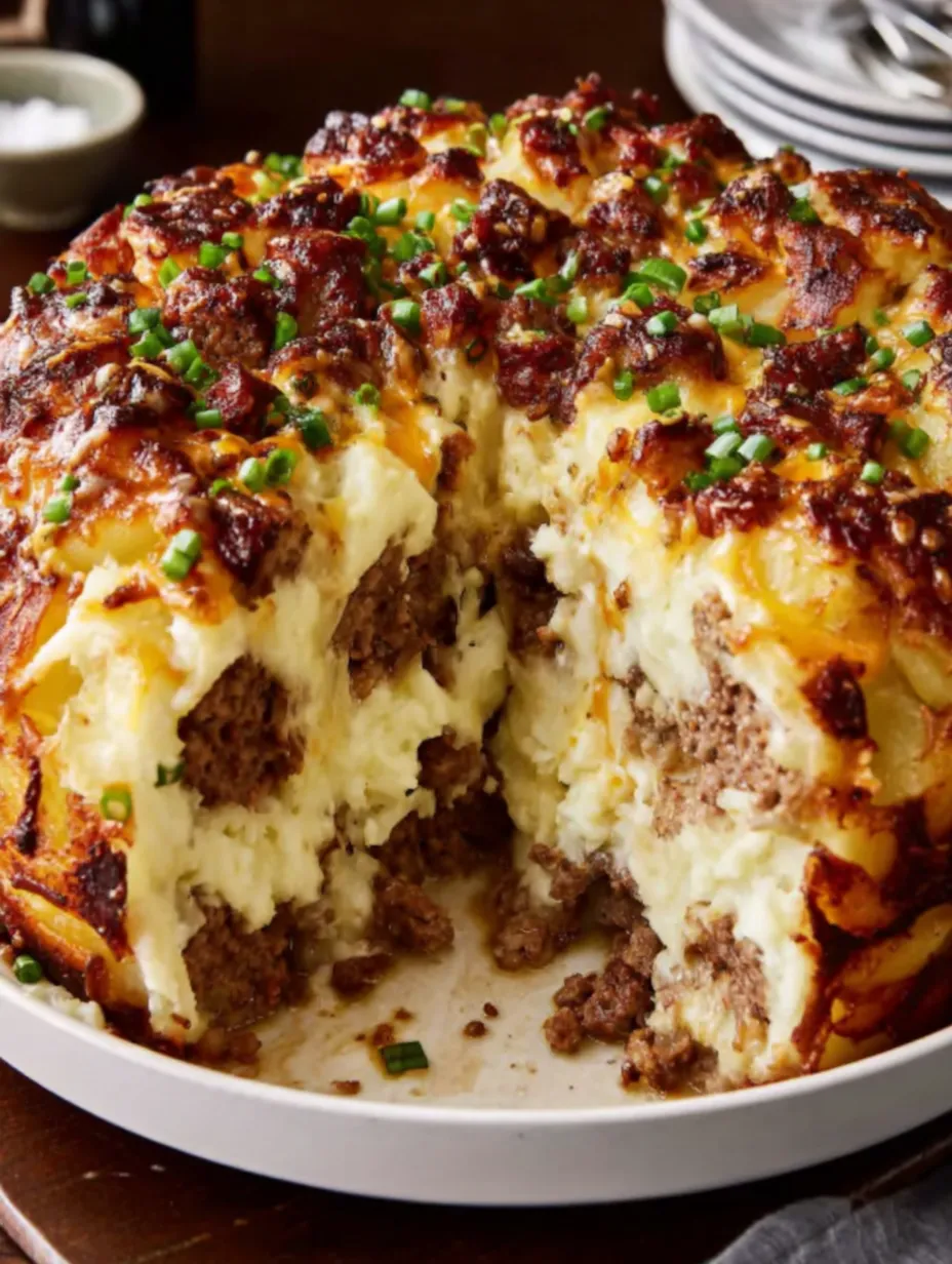 A slice of a loaded potato and meatloaf casserole.