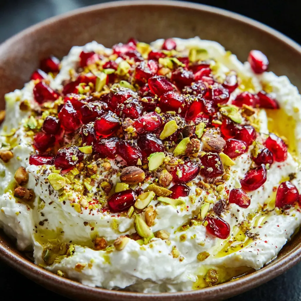 A bowl of whipped feta with pomegranate and pistachio toppings.