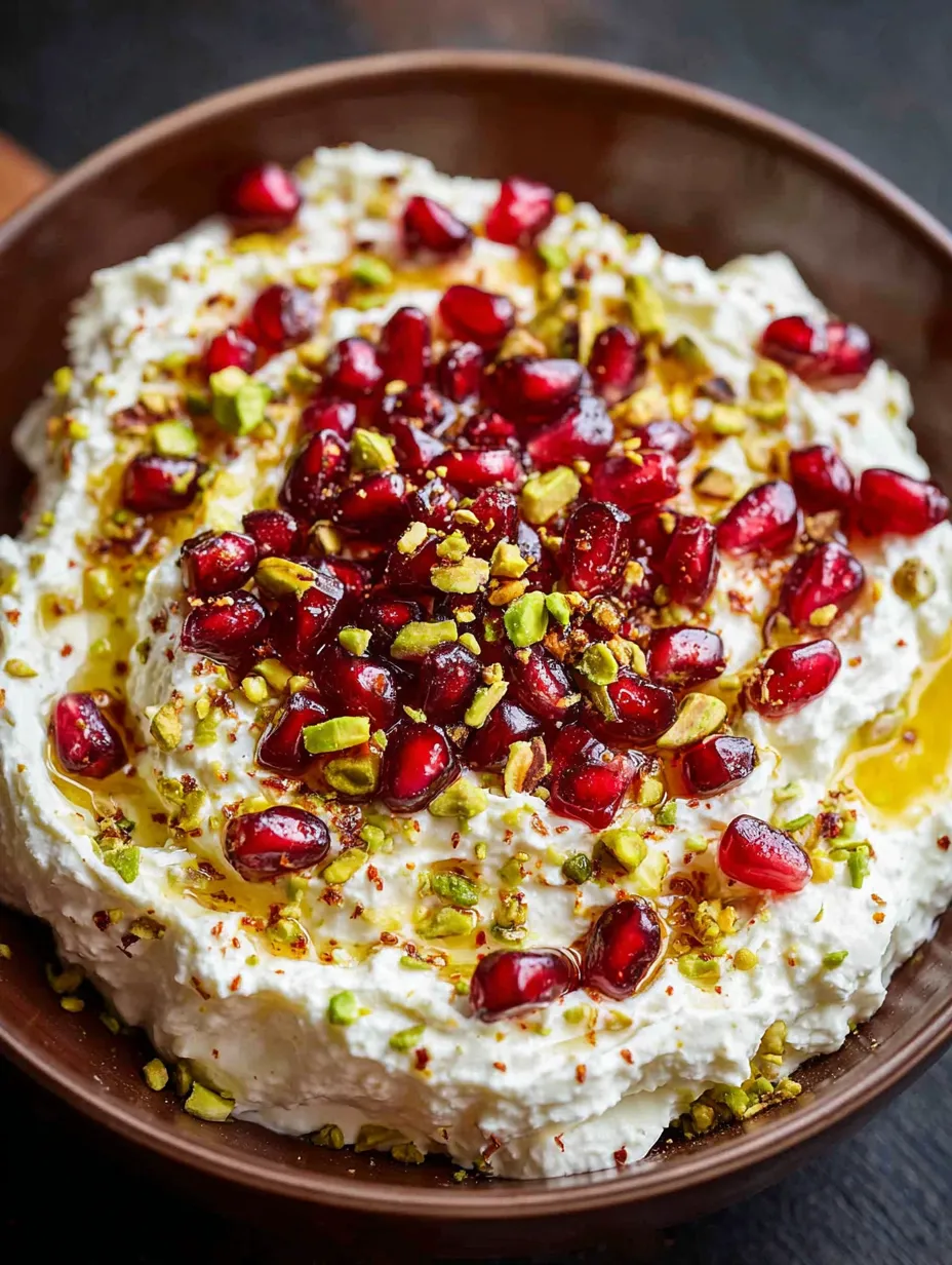 A bowl of whipped feta with pomegranate and pistachio toppings.