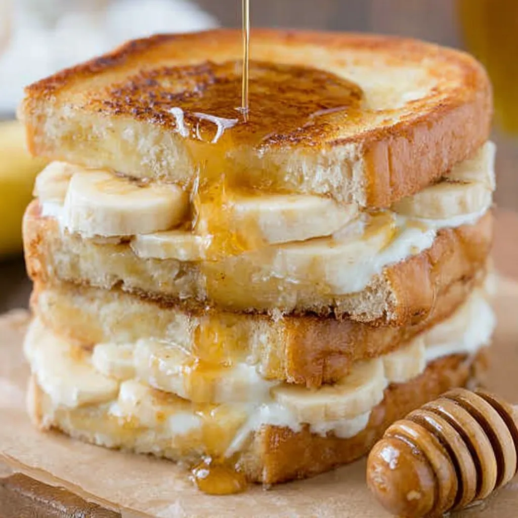 A stack of banana bread with honey drizzled on top.