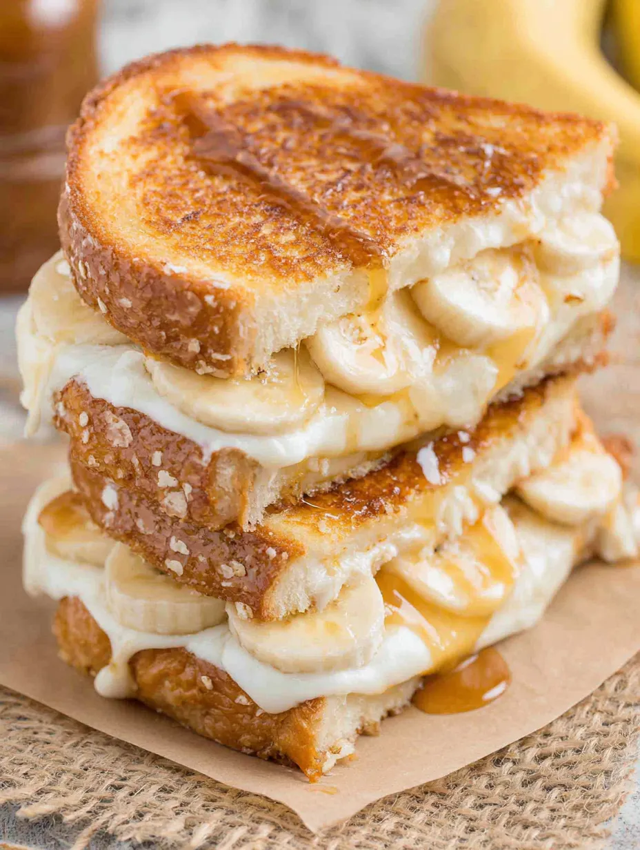 A stack of banana and honey grilled cheese sandwiches.