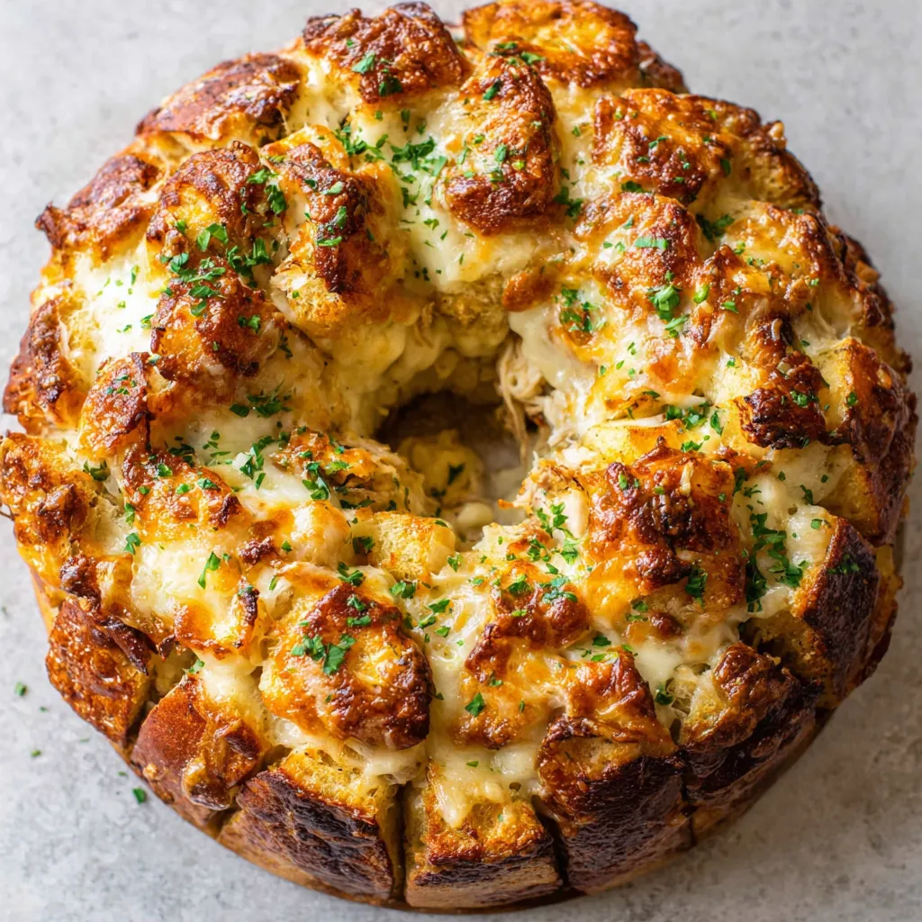A close up of a chicken Alfredo monkey bread.