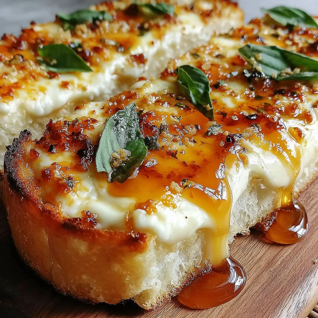 A slice of garlic bread with honey drizzled on top.