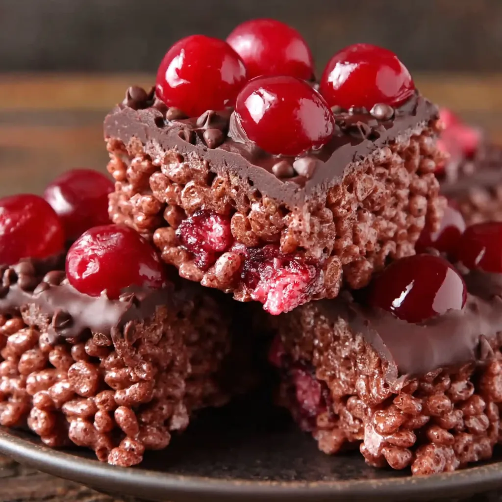 A plate of chocolate covered cherry rice krispies treats.