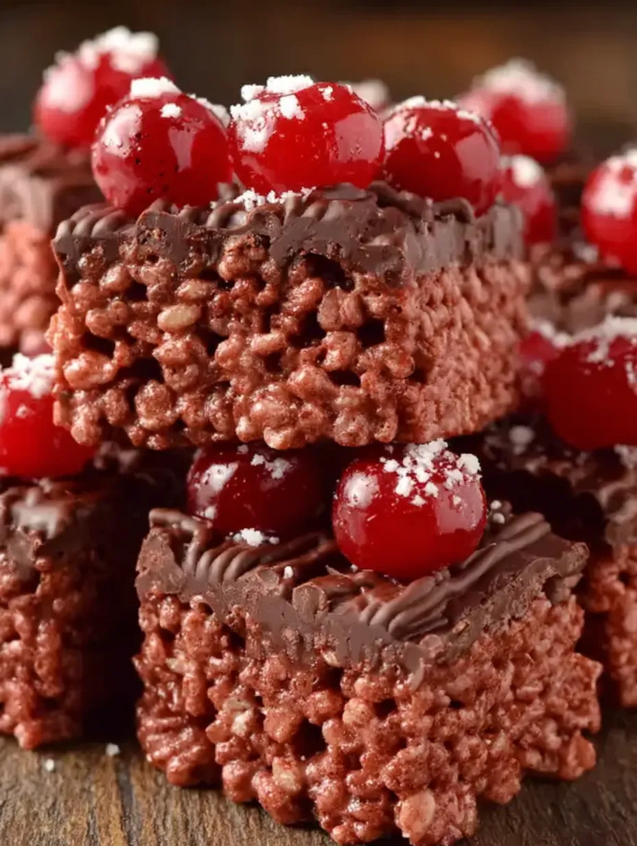 A stack of chocolate covered cherry rice krispies treats.