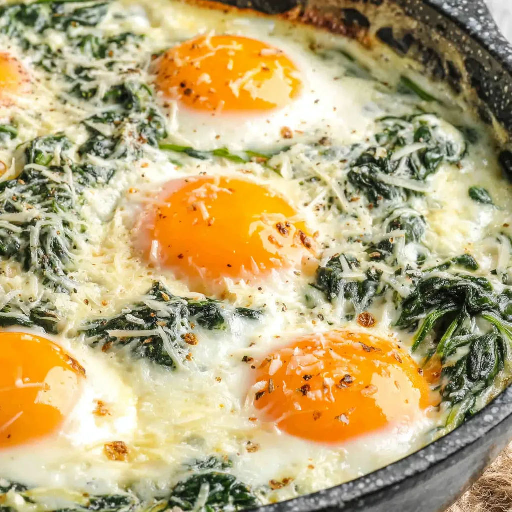 A dish of baked eggs with spinach and cheese.