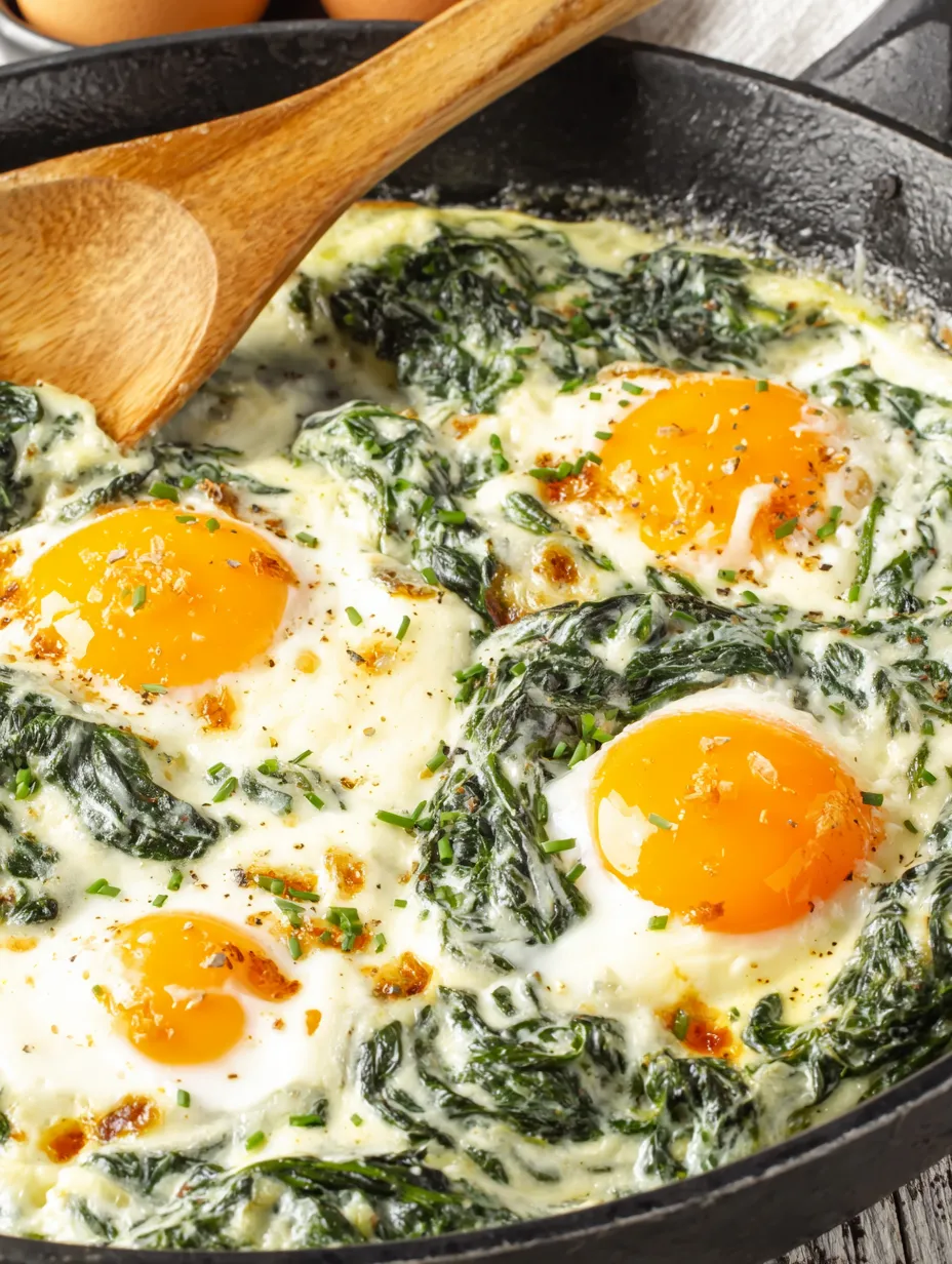 Baked eggs florentine with spinach and cheese.