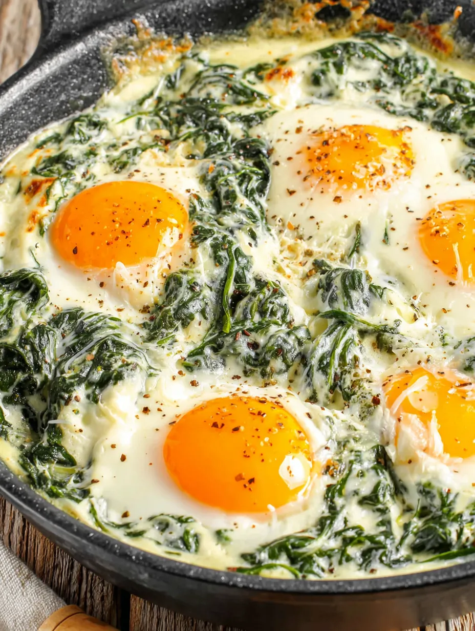 Baked eggs florentine with spinach and cheese.