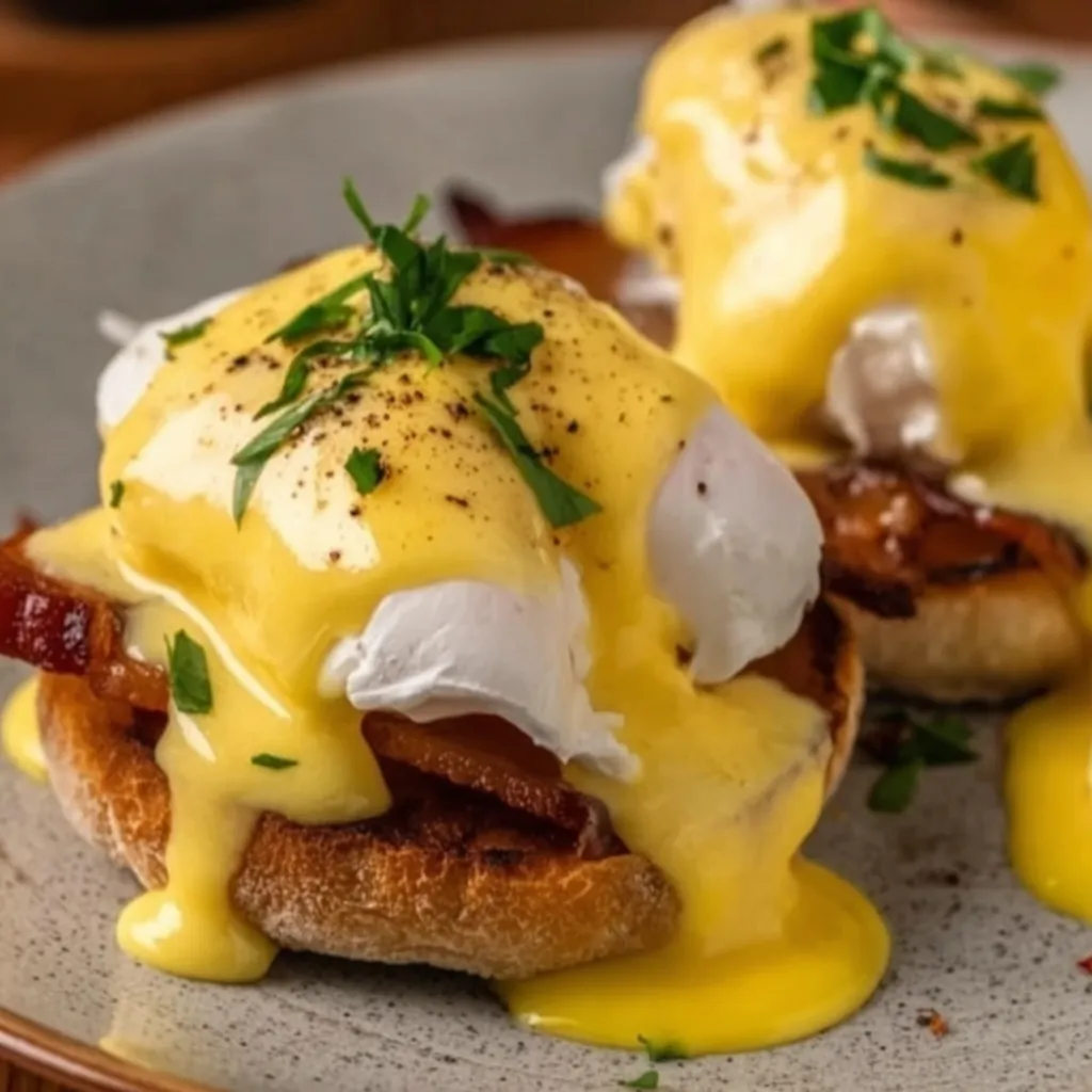 Eggs benedict on a plate.