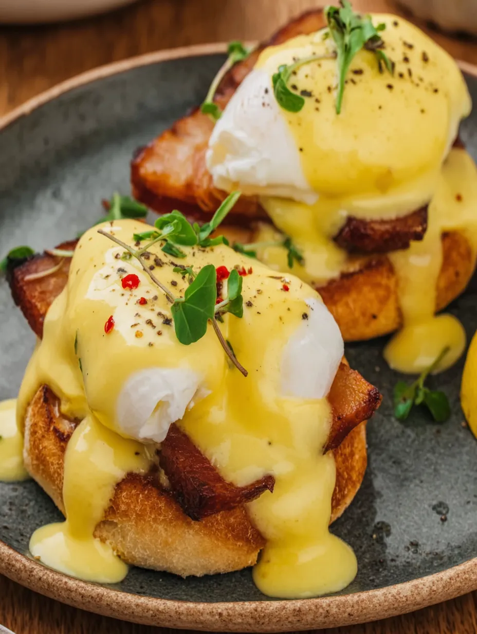 A plate of eggs benedict with bacon and hollandaise sauce.