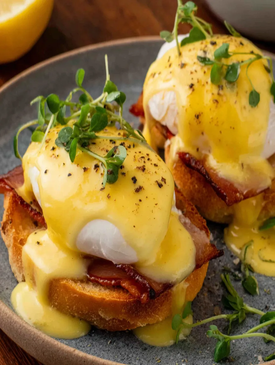 A plate of eggs benedict with bacon and a green garnish.
