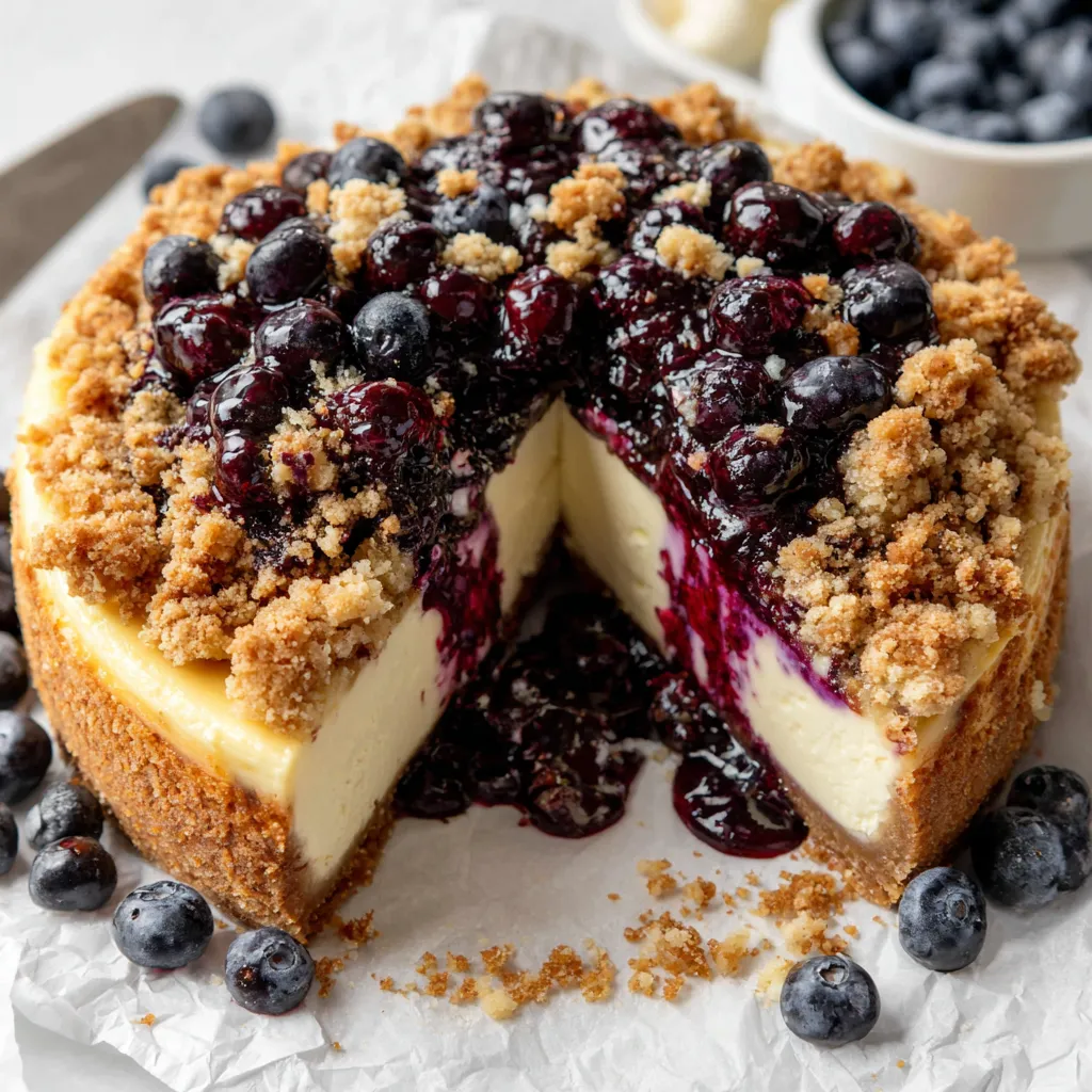 A slice of blueberry crumble cheesecake.