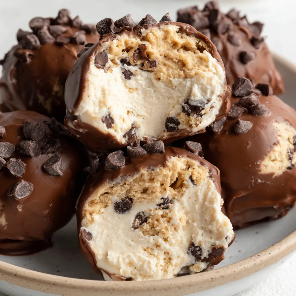 A plate of chocolate covered cookie dough frozen yogurt bites.