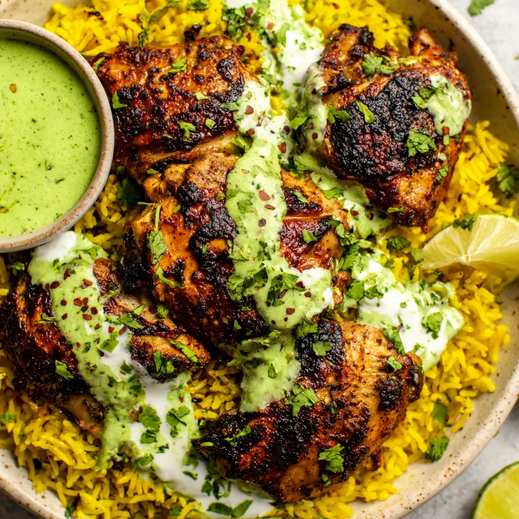A bowl of Peruvian chicken and rice with green sauce.