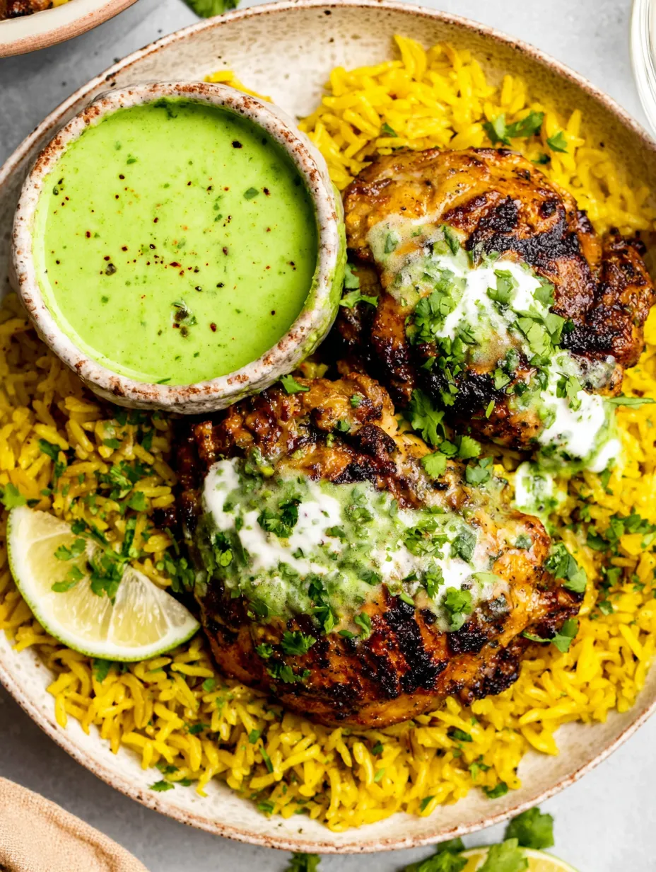 A plate of Peruvian chicken and rice with green sauce.