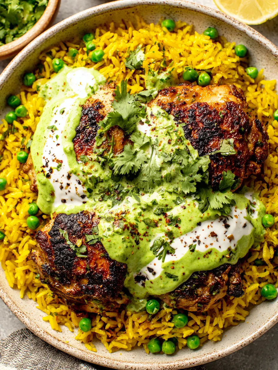 A dish of Peruvian chicken and rice with green sauce.