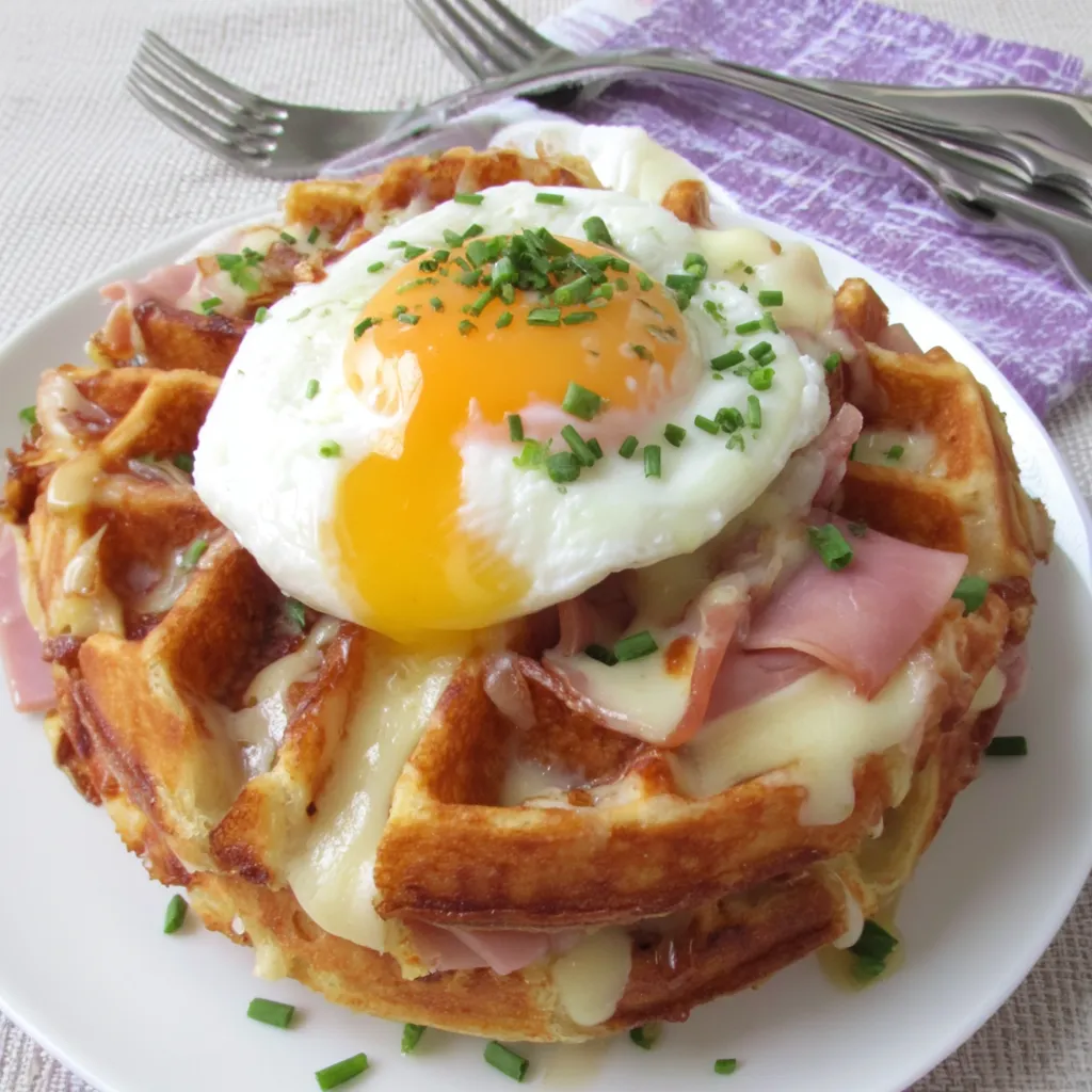 A plate of croque madame waffles with a fried egg on top.