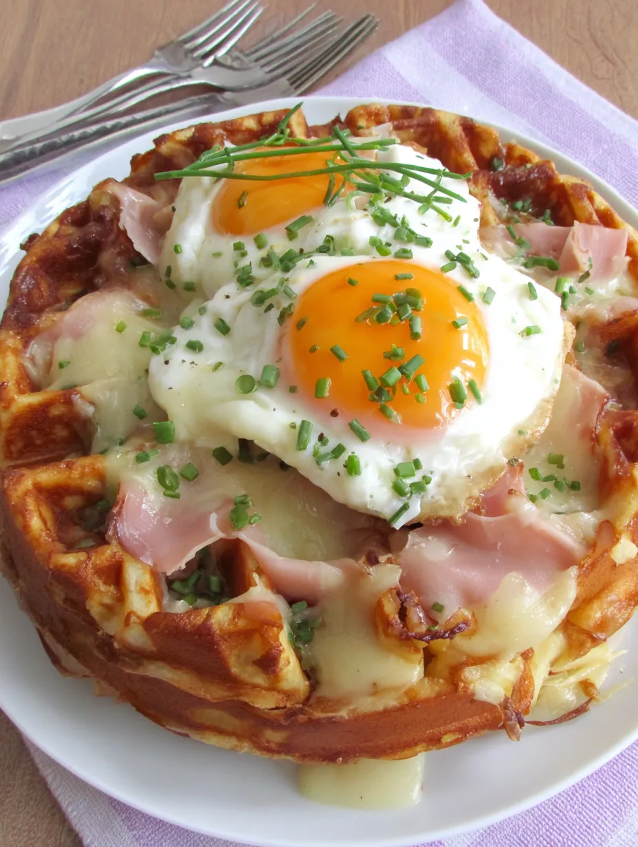 A plate of croque madame waffles with eggs and ham.
