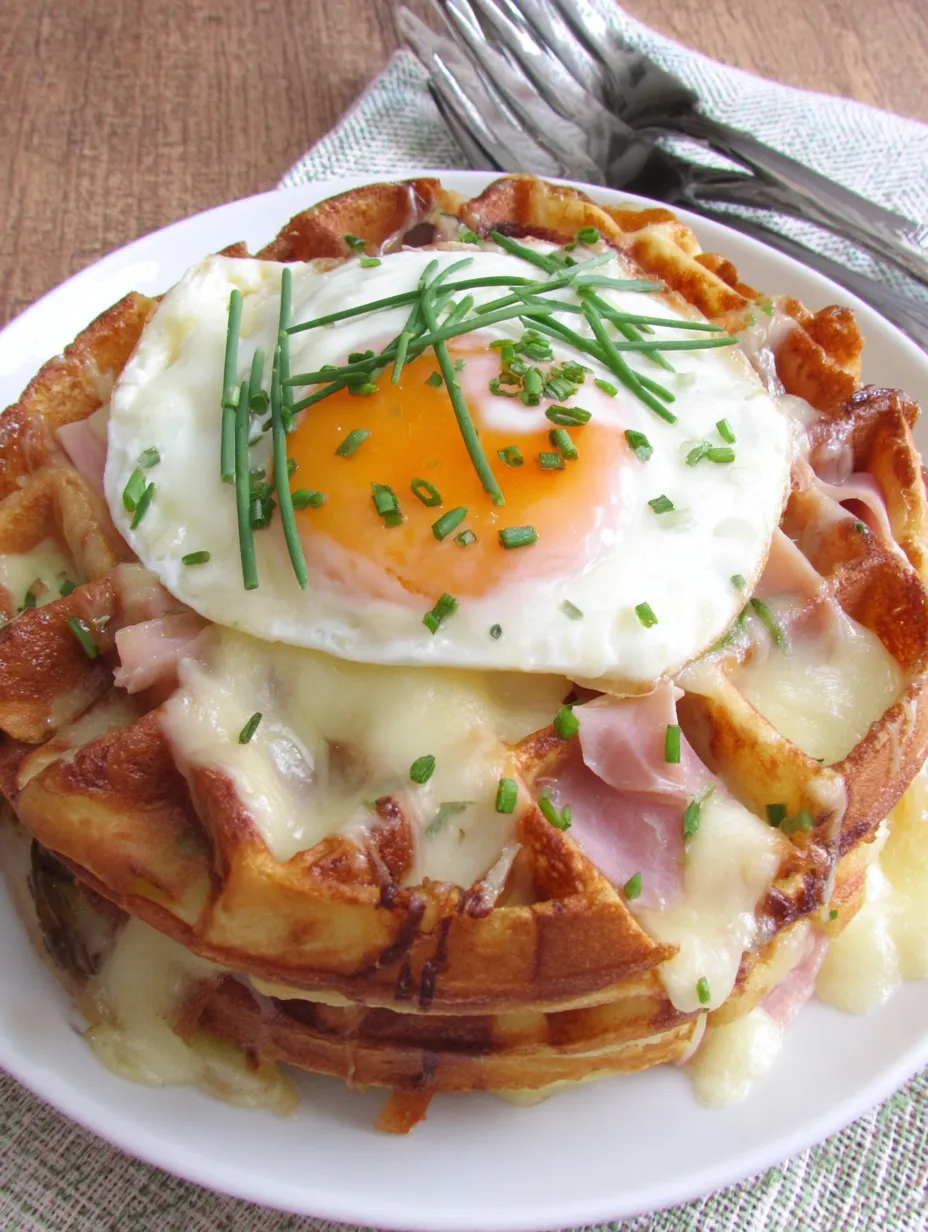 A plate of croque madame waffles with a fried egg on top.