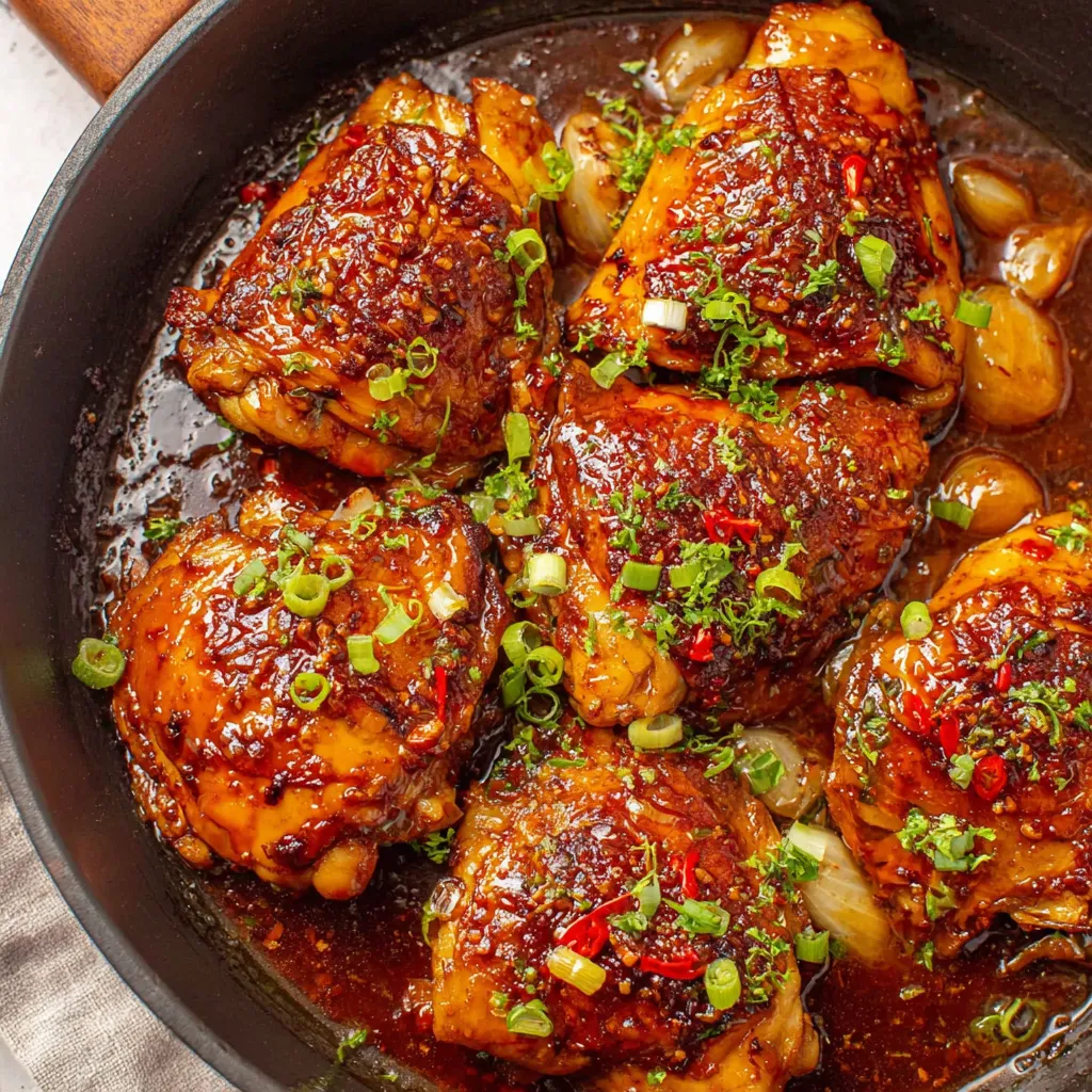 A bowl of chicken with green onions and red peppers.