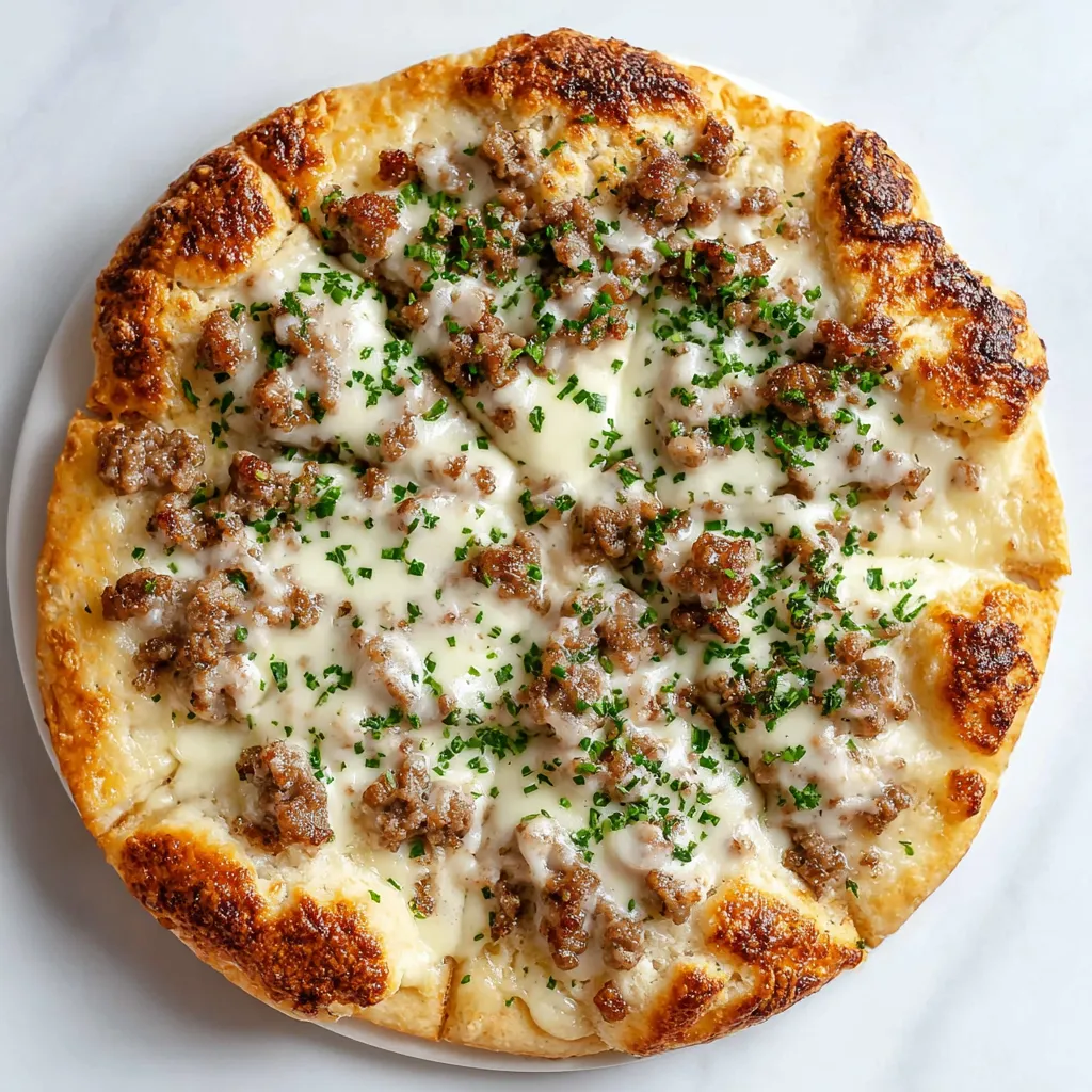 A pizza with sausage and cheese on top.