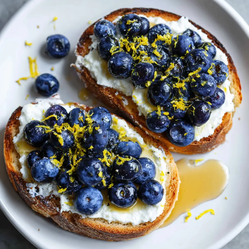 A slice of toast with blueberries and lemon on top.