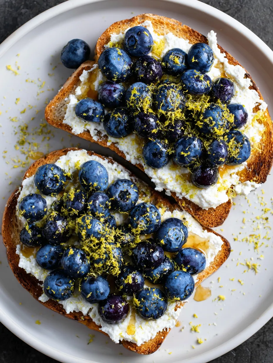 A slice of toast with blueberries and lemon.