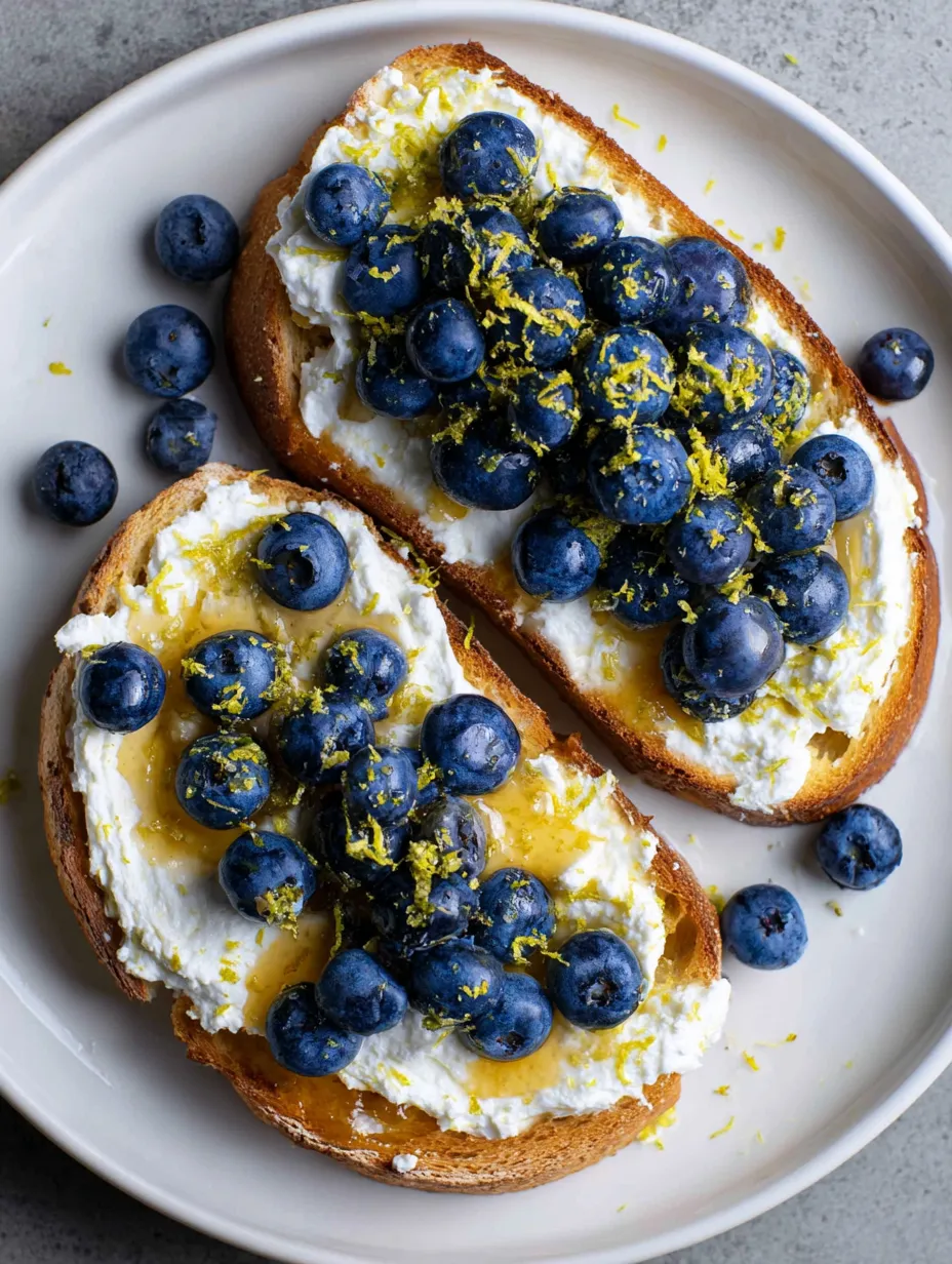 A slice of toast with blueberries and lemon on top.