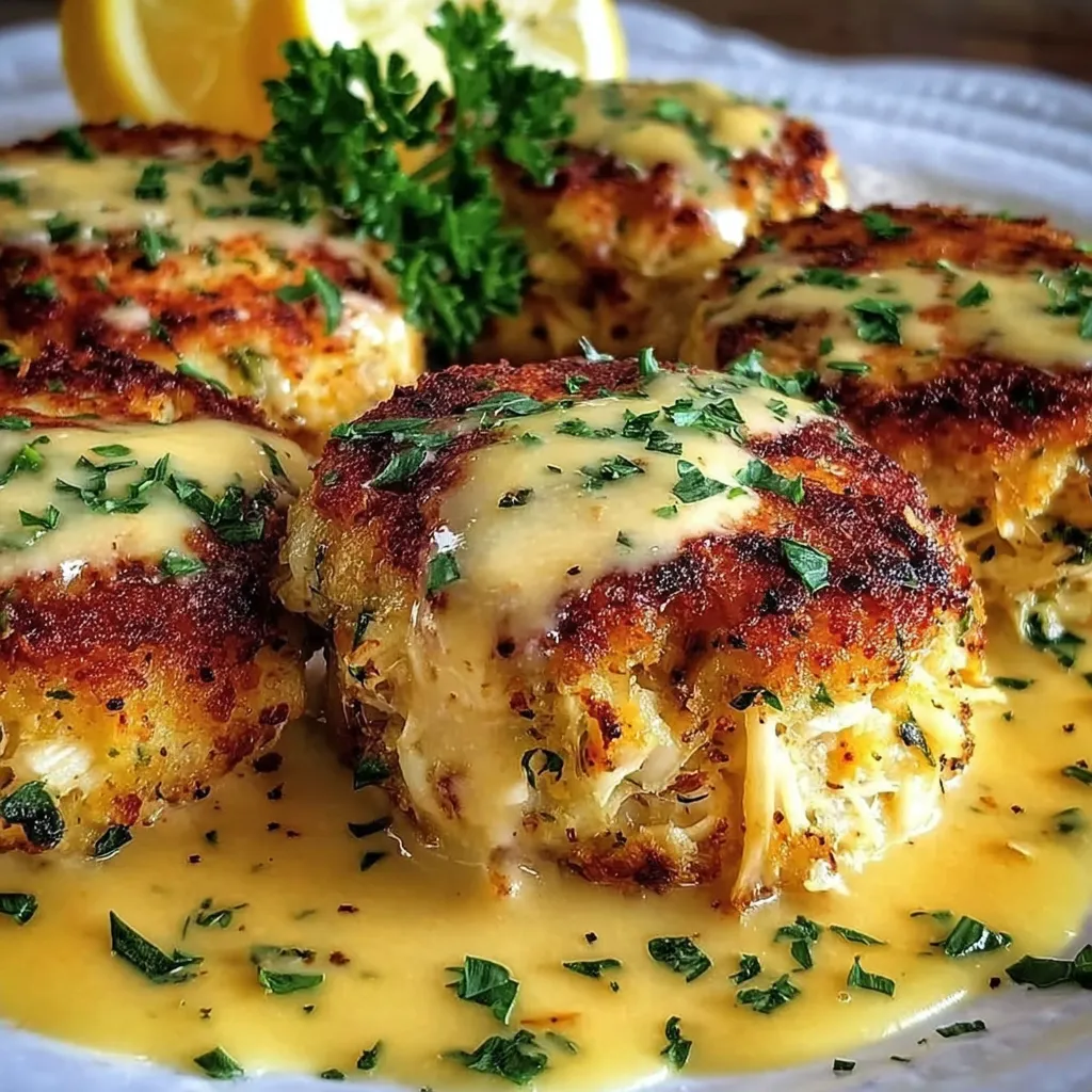 Cheddar Bay Crab Cakes with Lemon Butter Drizzle.