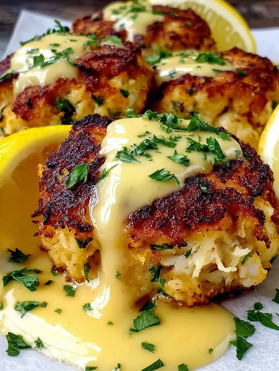 A plate of crab cakes with a lemon butter drizzle.