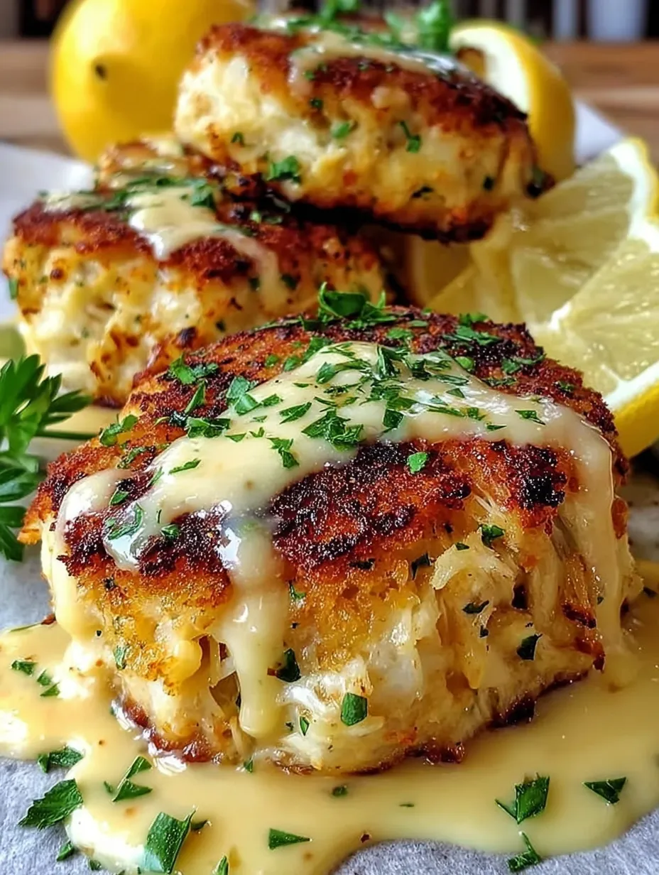 Cheddar Bay Crab Cakes with Lemon Butter Drizzle.