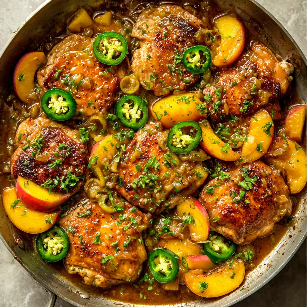 A pan of chicken with jalapenos and peaches.
