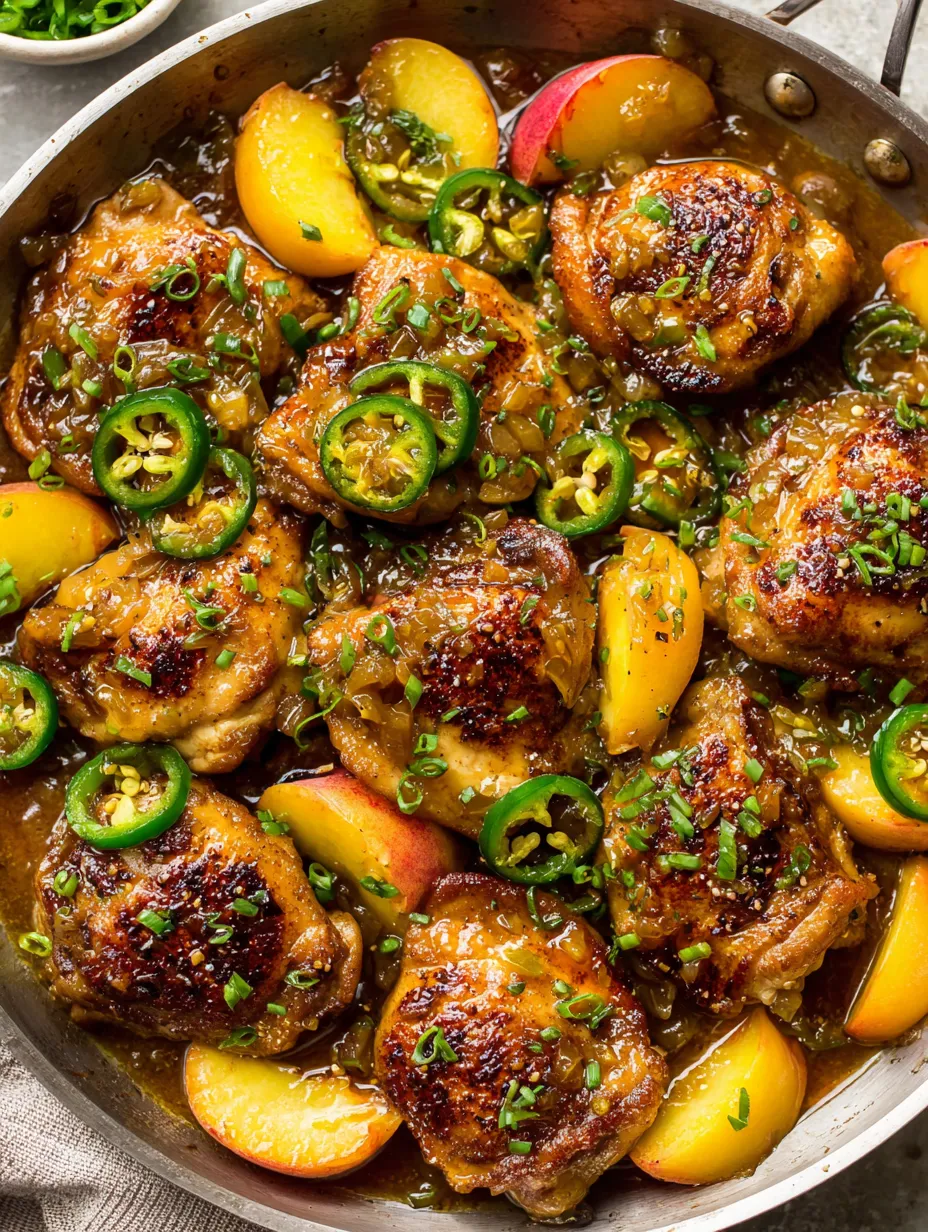 A dish of chicken with jalapenos and peaches.