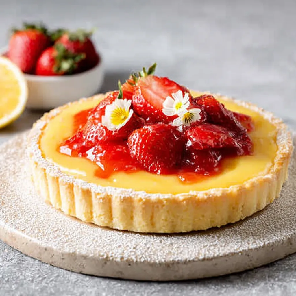 A slice of strawberry lemon tart with a flower on top.