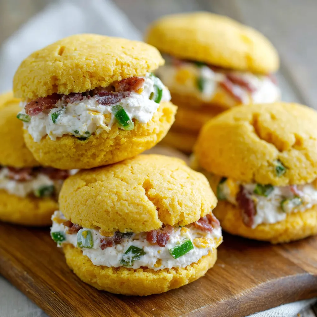 Jalapeno cornbread whoopie pies with bacon goat cheese.