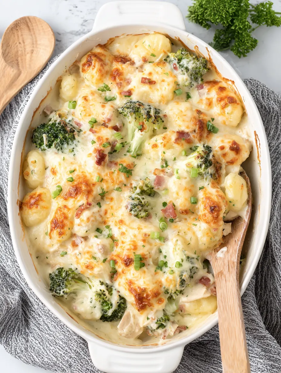 A delicious chicken gnocchi alfredo bake.