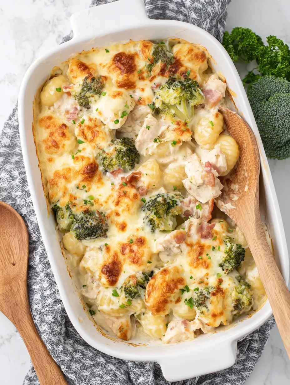 A dish of chicken gnocchi alfredo bake.
