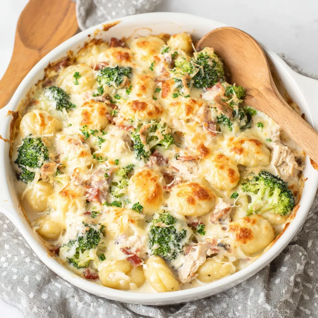 A bowl of chicken gnocchi alfredo bake.