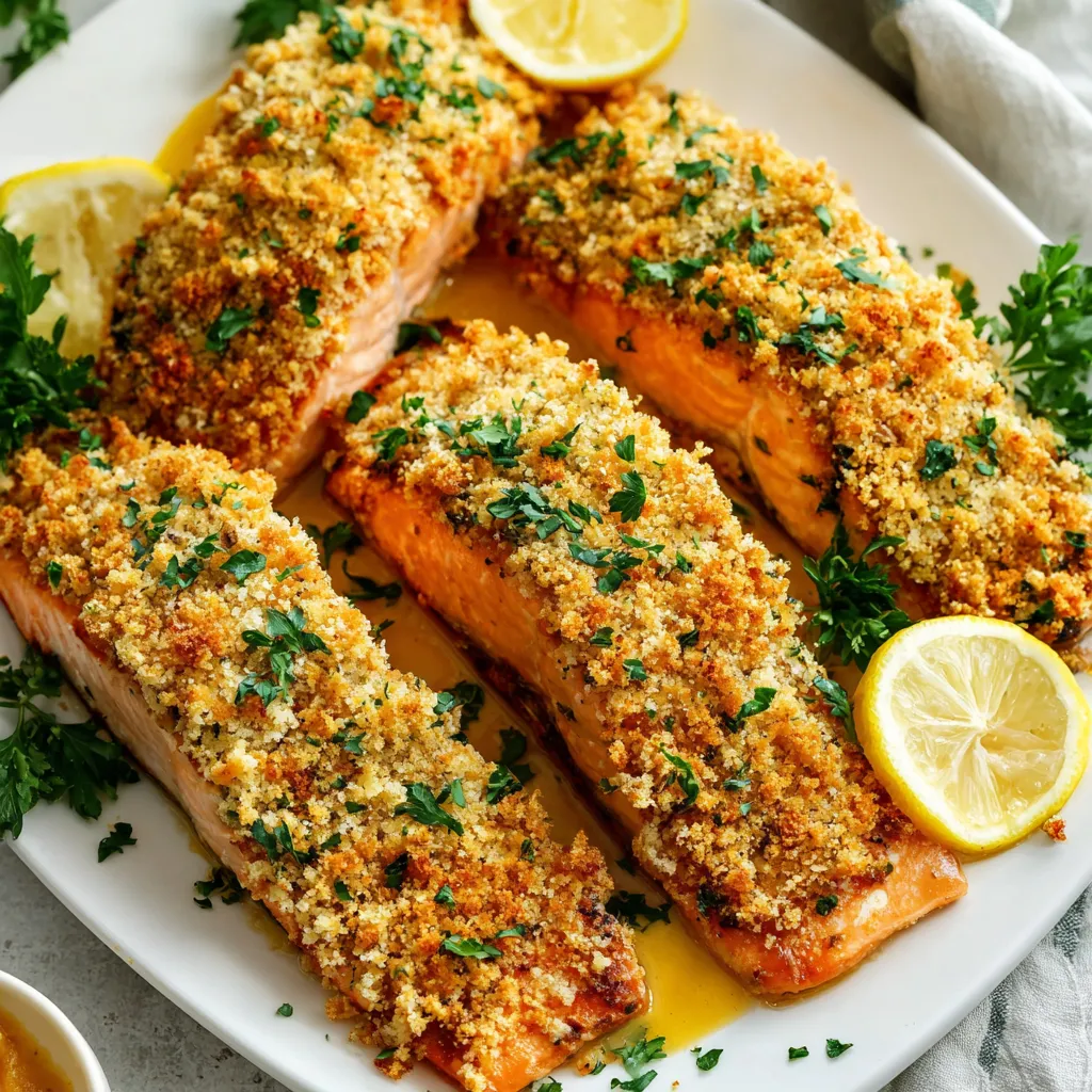 A plate of salmon with lemon wedges on top.